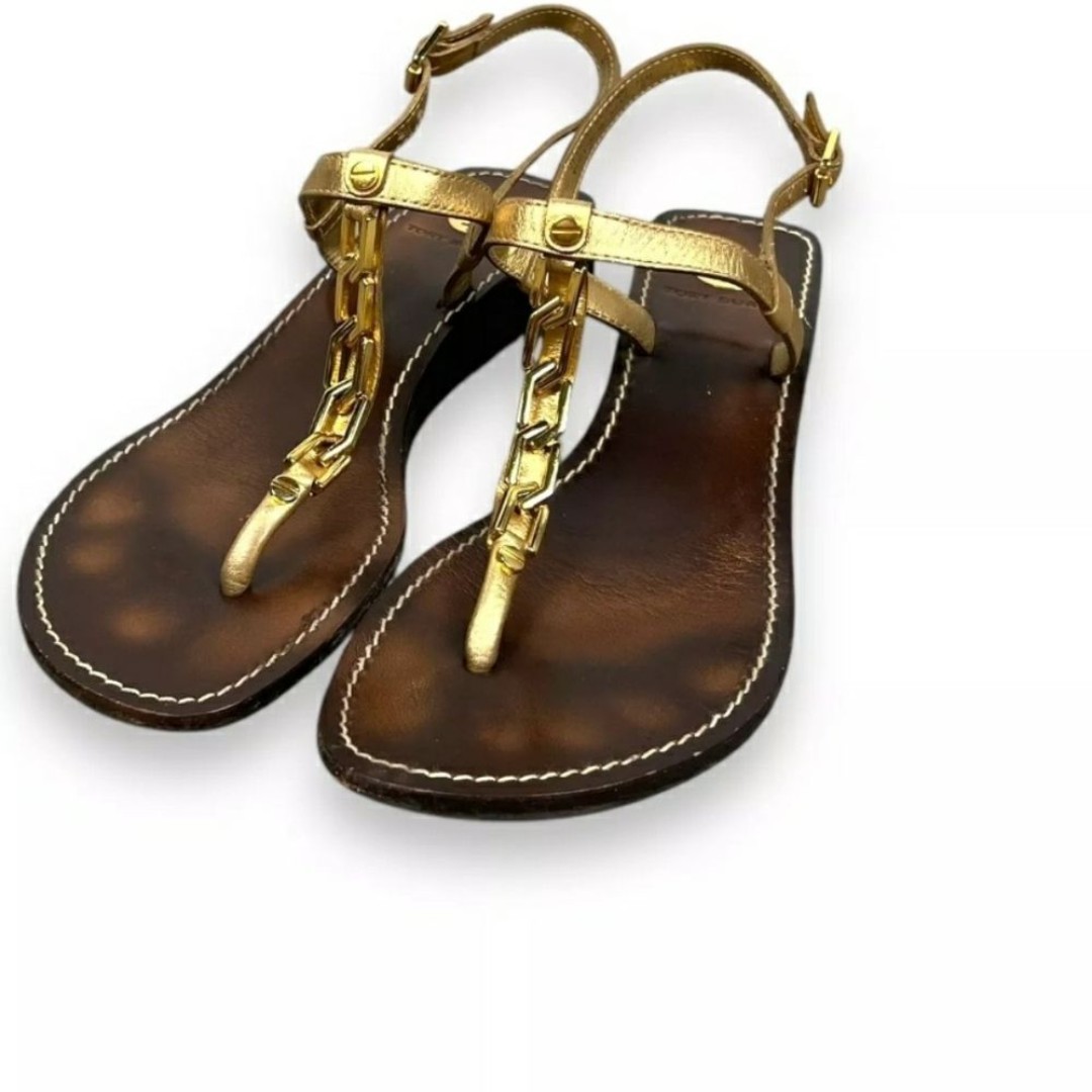 Tory Burch Alani Metallic Gold Chain Brown Leather Thong Sandals Sz 7.5
