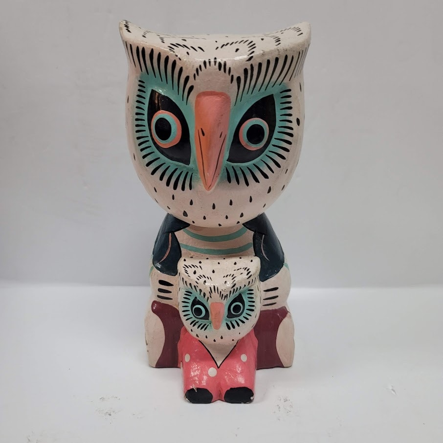 folk art owl statue lightweight two in One fledgling Parent wood painted UNIQUE