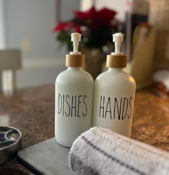 New White Soap Dispenser Set, Contains Glass Hand /Dish Soap Dispenser