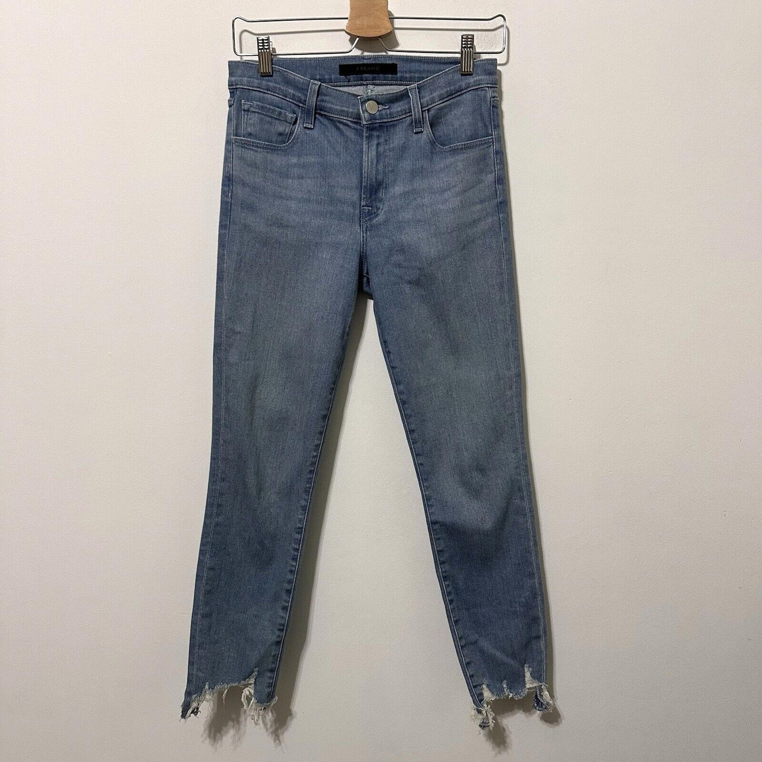 J Brand Mid Rise Cropped Skinny Raw Hem Jeans 27 Cloudy Destruct Blue Skinny