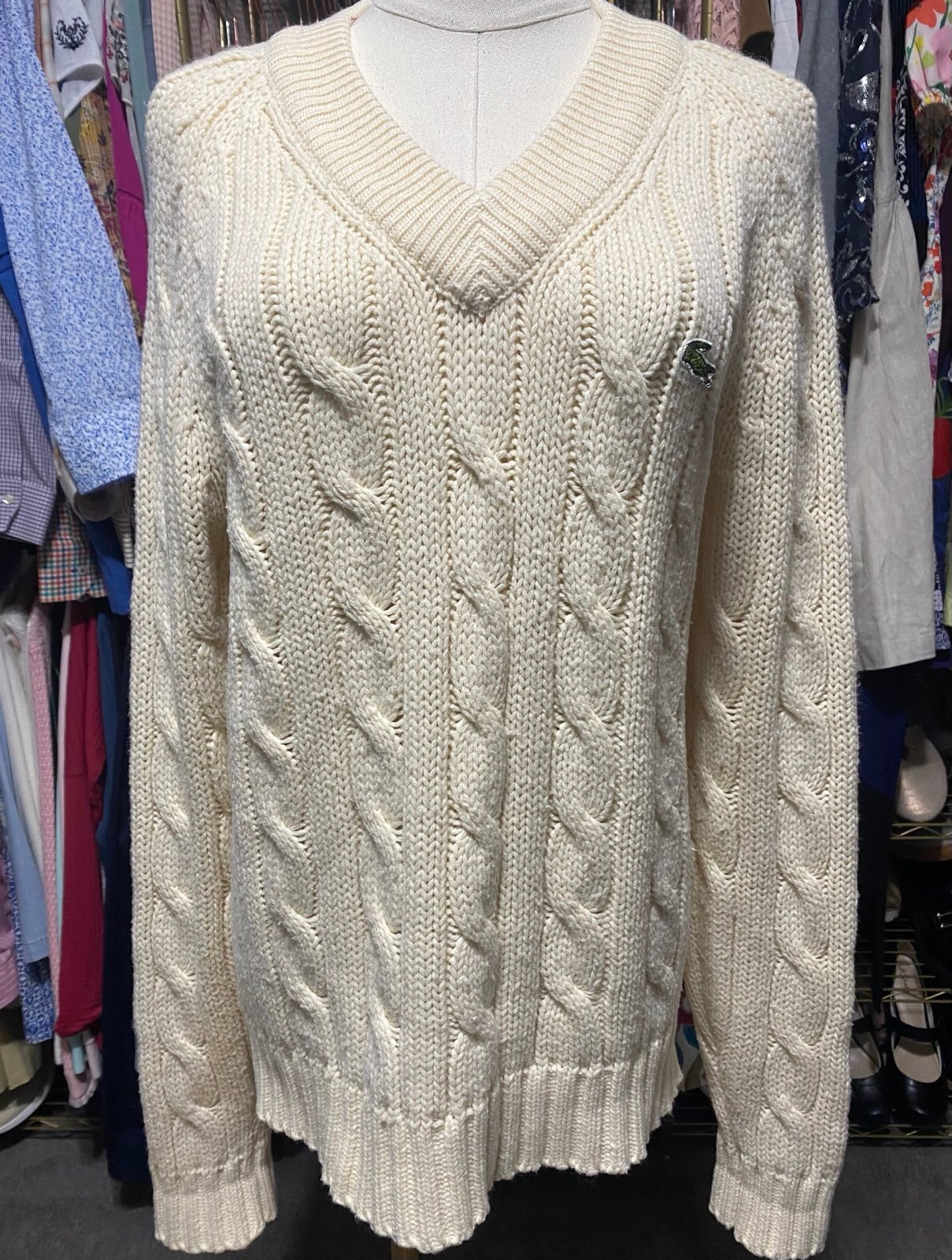Lacoste Cream V-Neck Cable Knit Vintage Sweater