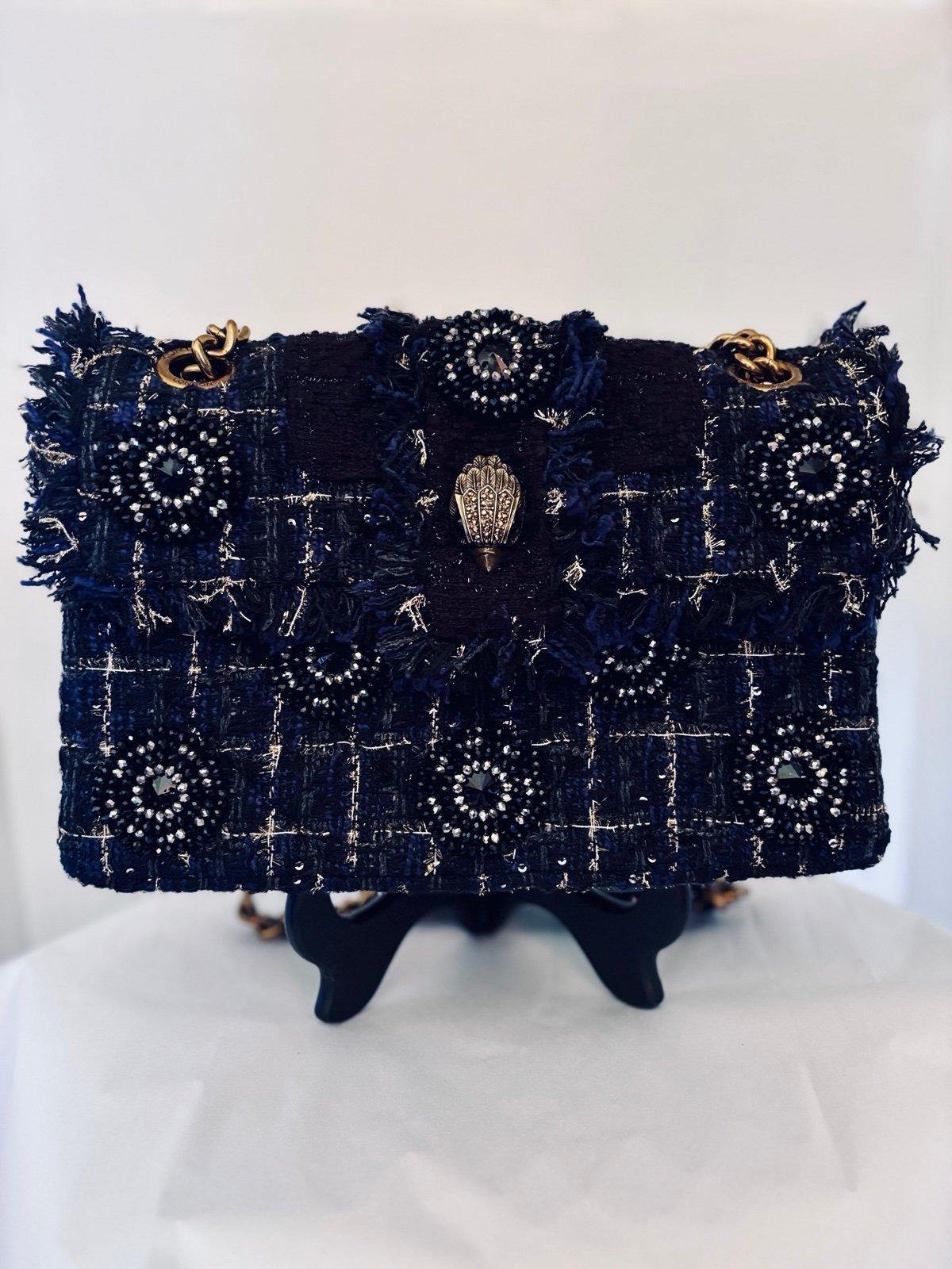 Kurt Geiger Kensington Tweed Applique Bag. New!! Blue, Black & Gold!! Beautiful!
