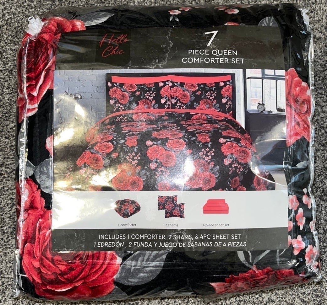 7 piece Red flower black brown seven piece queen comforter set