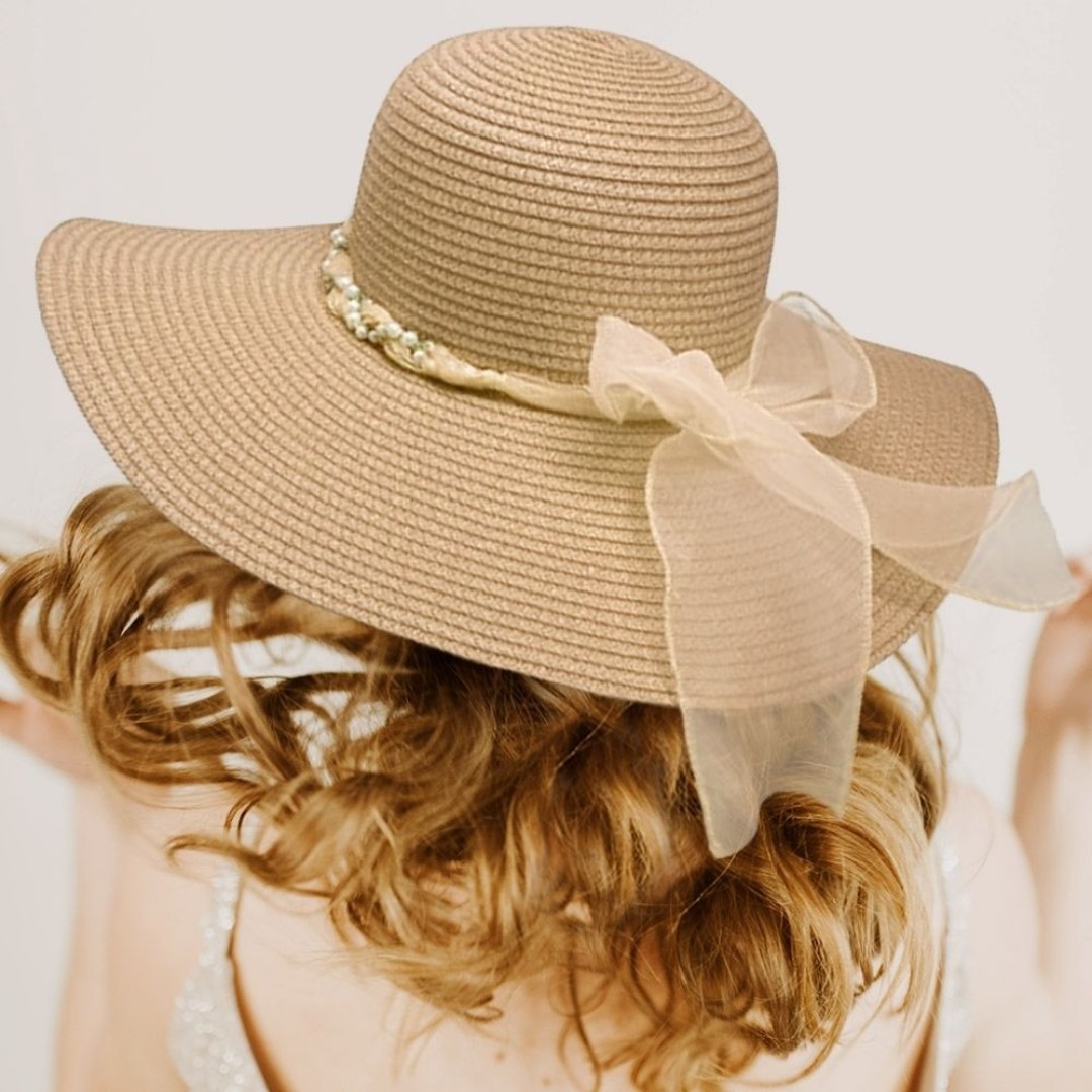 Tan Straw Sun Hat Pearl Band Brim Casual Womens Beach Vacation Accessory