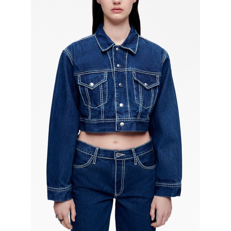 RE/DONE Women's Chunky Stitch Cropped Denim Jacket Small Blue Indigo Collar NWOT