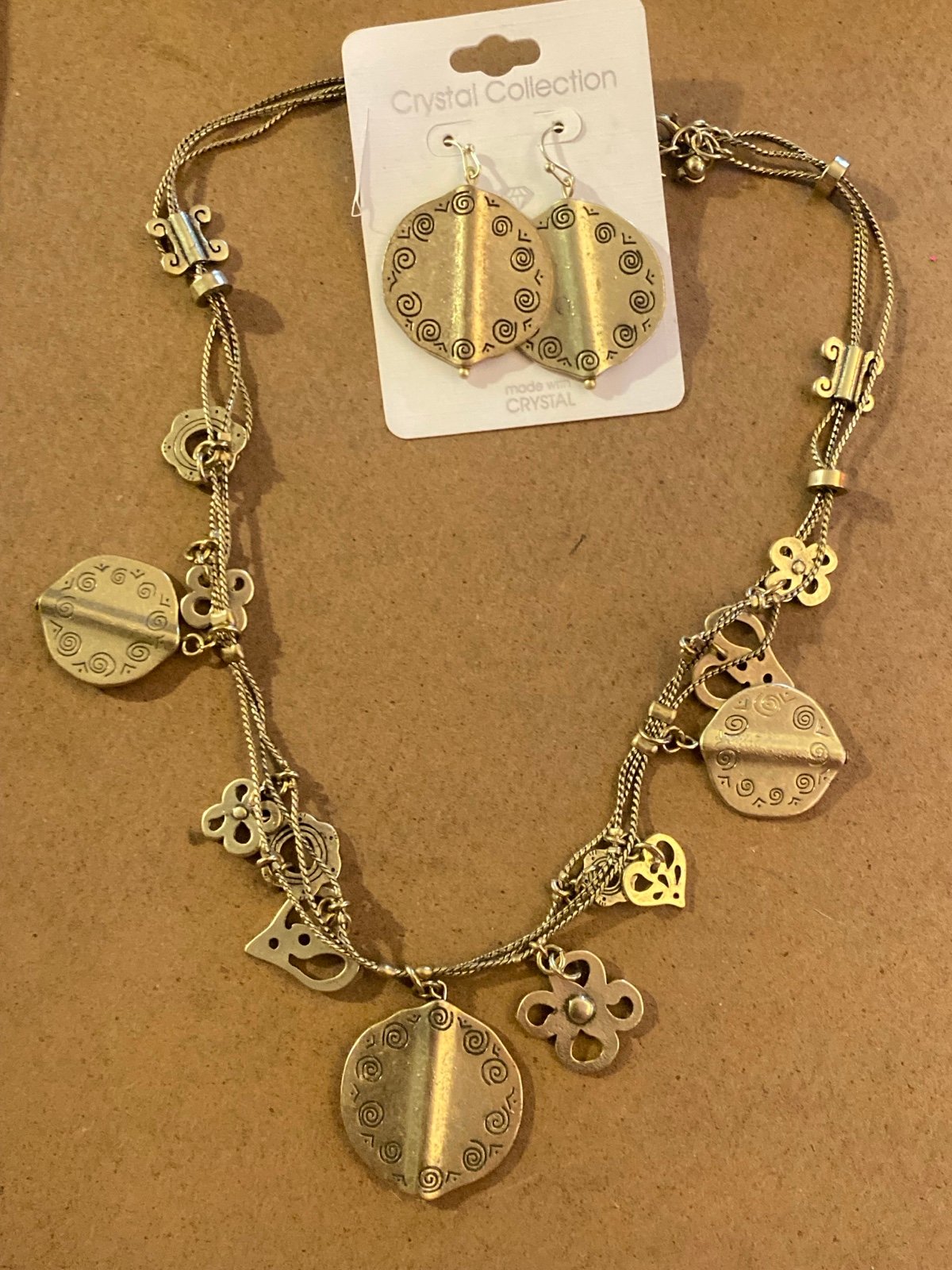 Metal dangle charm bib beaded necklace & earrings