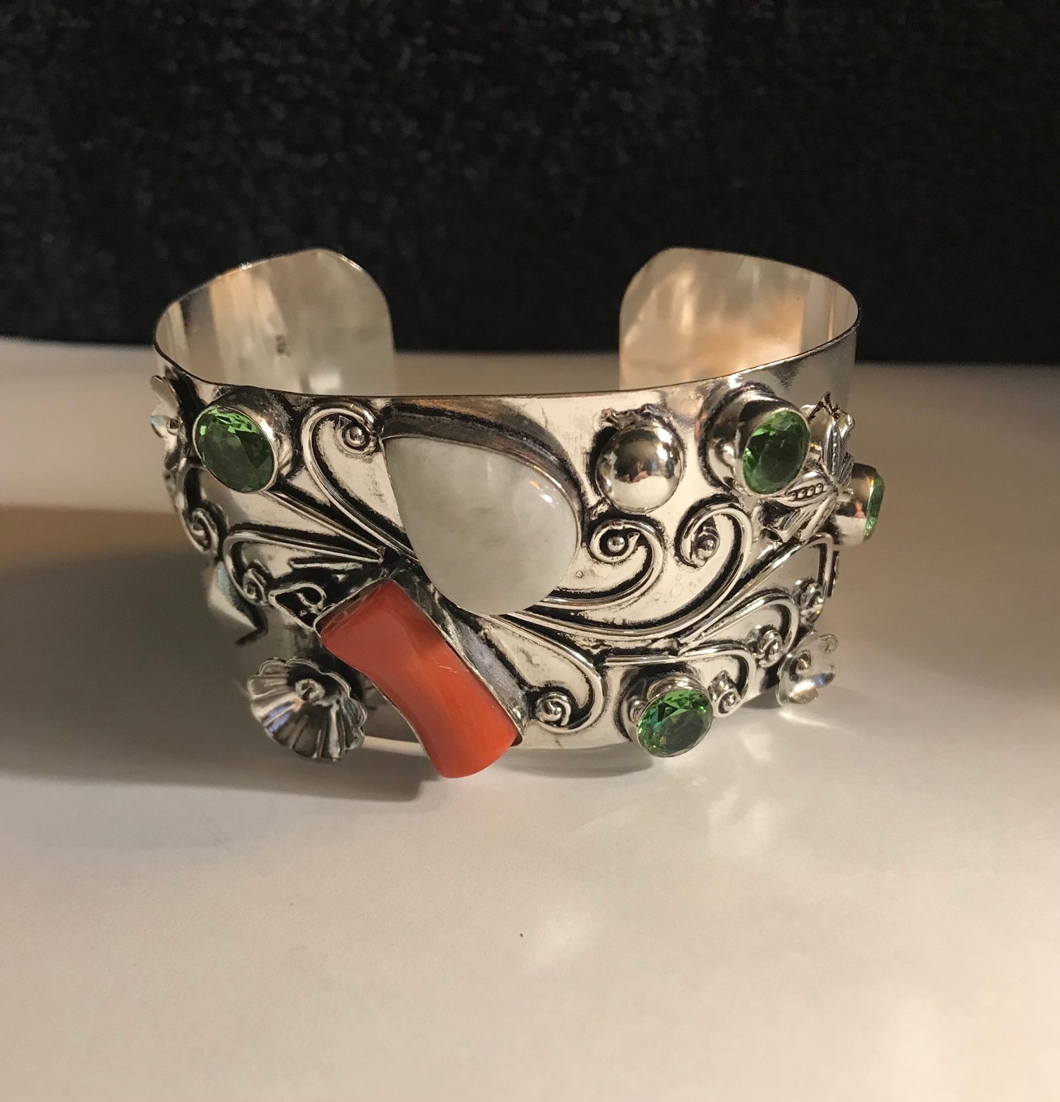Coral Moonstone Peridot 925 Sterling Silver Cuff Bracelet