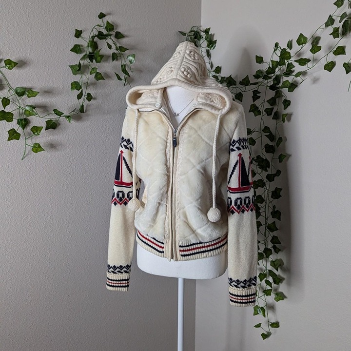 vintage coquette nautical wool hoodie, sail boat sleeve details with fair isle b