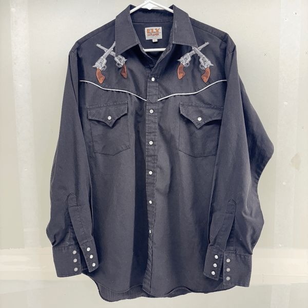 Ely Cattleman Mens Large Brown Pearl Snap Long Sleeve Western Shirt Pistol Gun