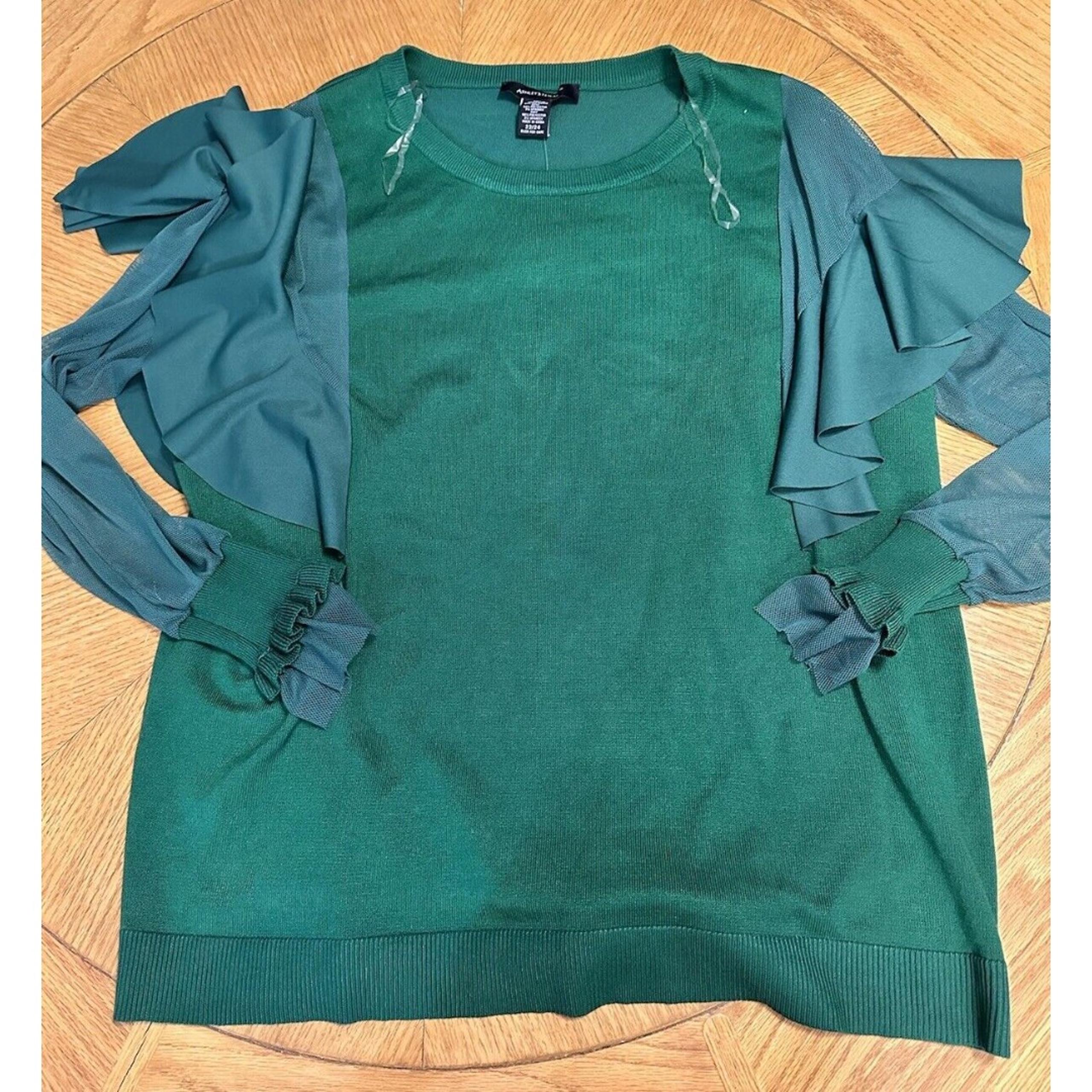 NWT Ashley Stewart Womens Plus Size 22/24 Green Ruffle Mesh Sleeves Sweater