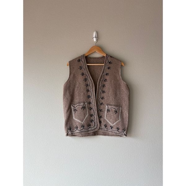 handmade embroidered beige wool open front vest