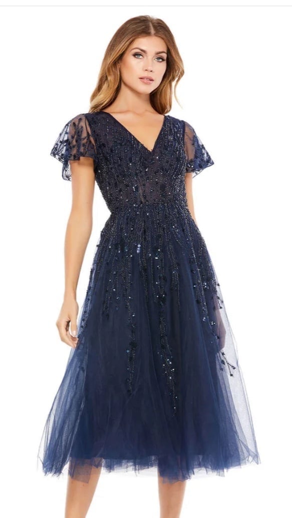 NWT Mac Duggal Midnight Embellished Flutter Sleeve Dress | Size 12