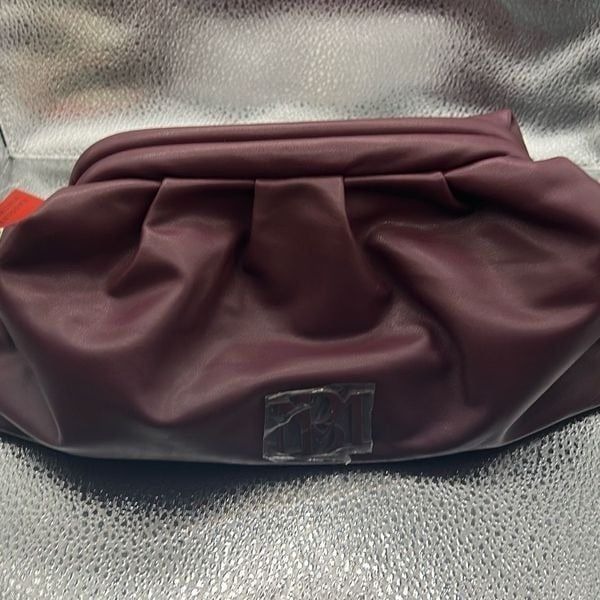 Badgley Mischka Wrapped Frame Clutch Purse Plum Vegan Leather Attachable Strap