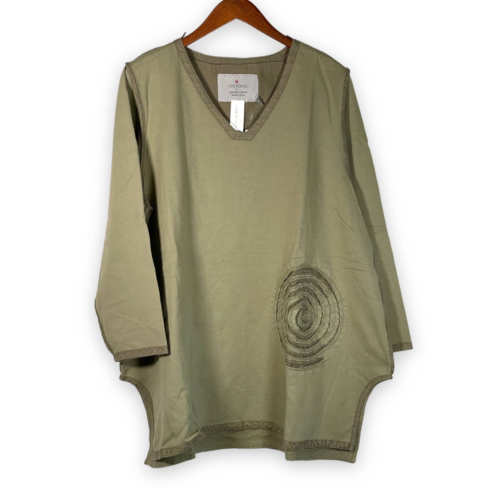 NWT Cheyenne Seattle Cotton & Linen Tunic Top Lagenlook Oversized V-Neck Green