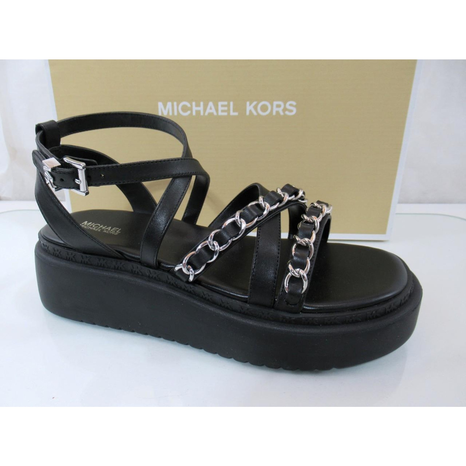 Michael Kors Issi Flatform Strappy Platform Sandals Leather Black Size 7