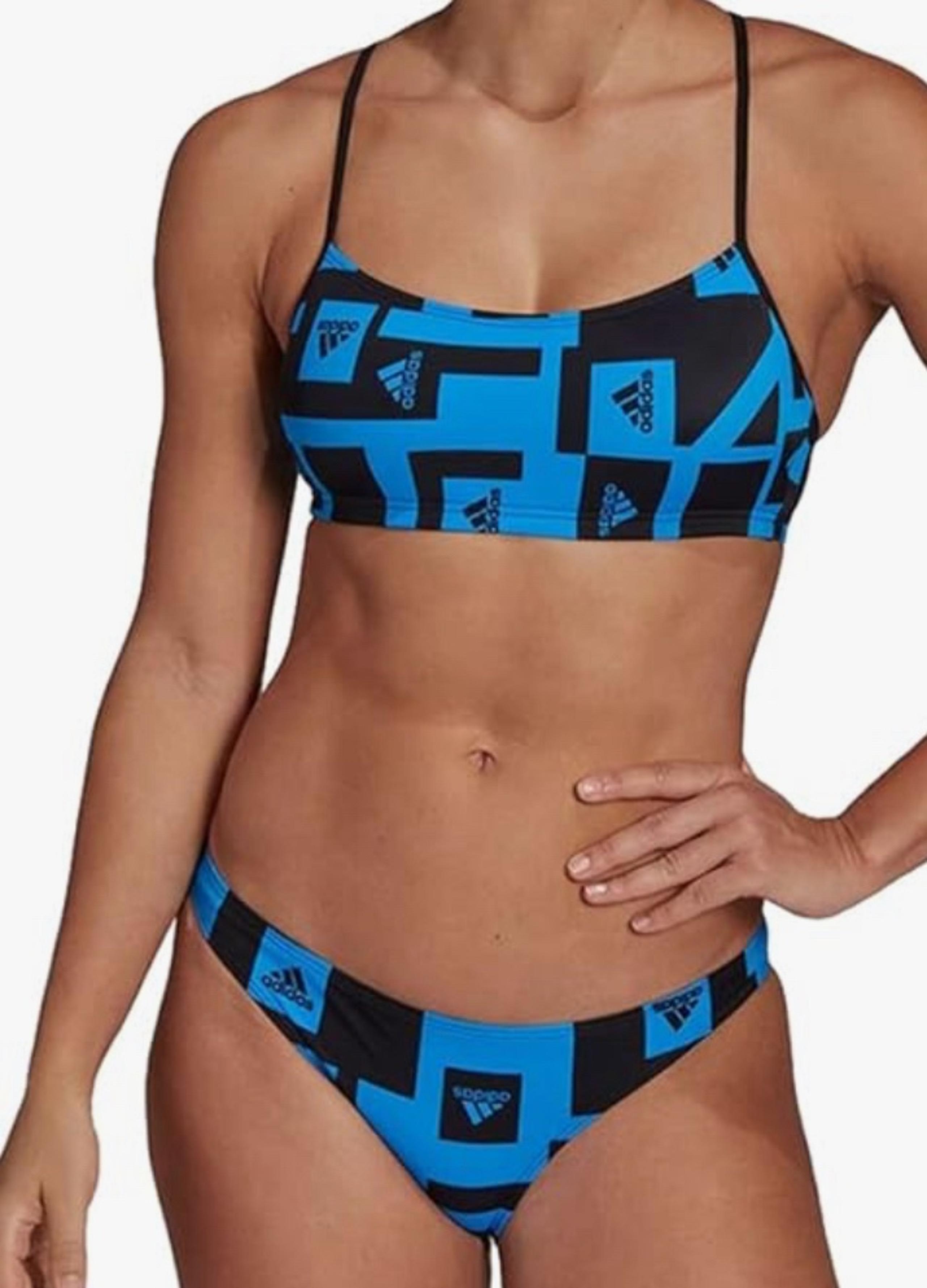 NWT Adidas Women's Bars AOP Bikini Swimsuit Set, Blue Rush/Black Size M