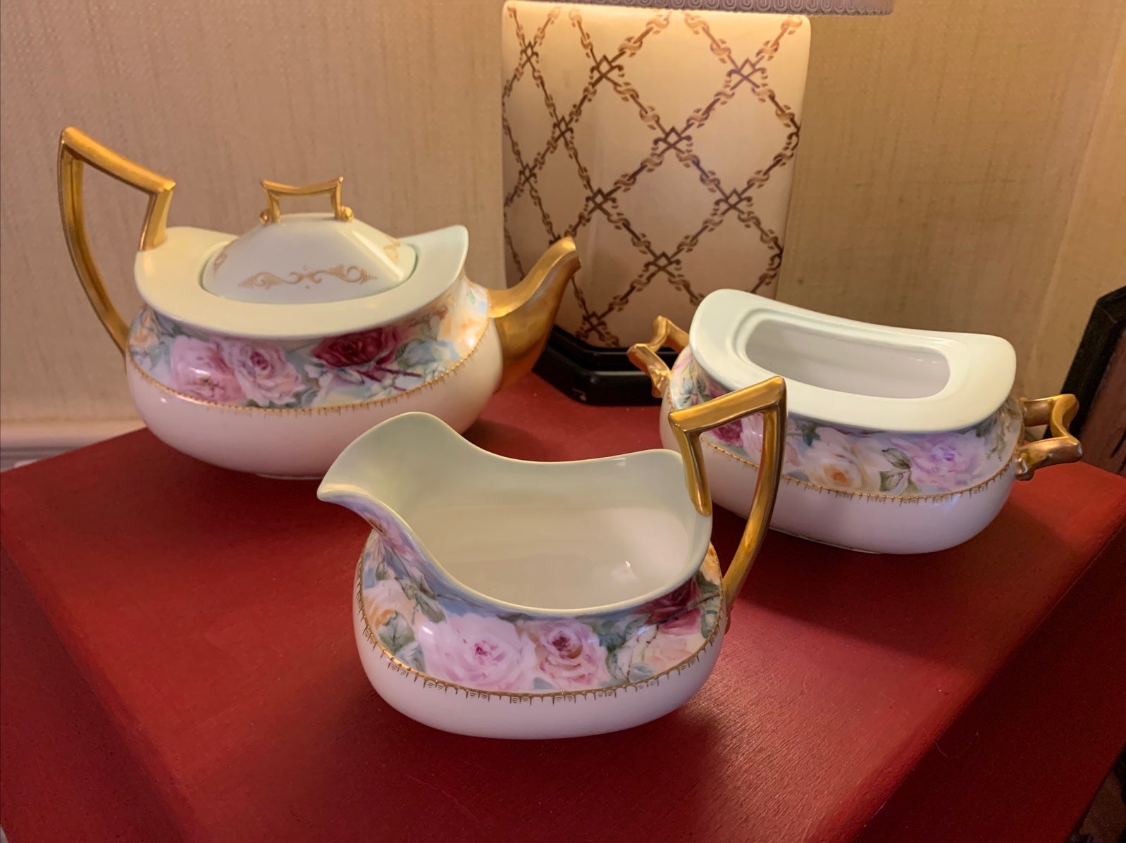 1800s T&V France Limoges Hand Painted Pottery Tea Set Kettle Creamer Sugar Bowl