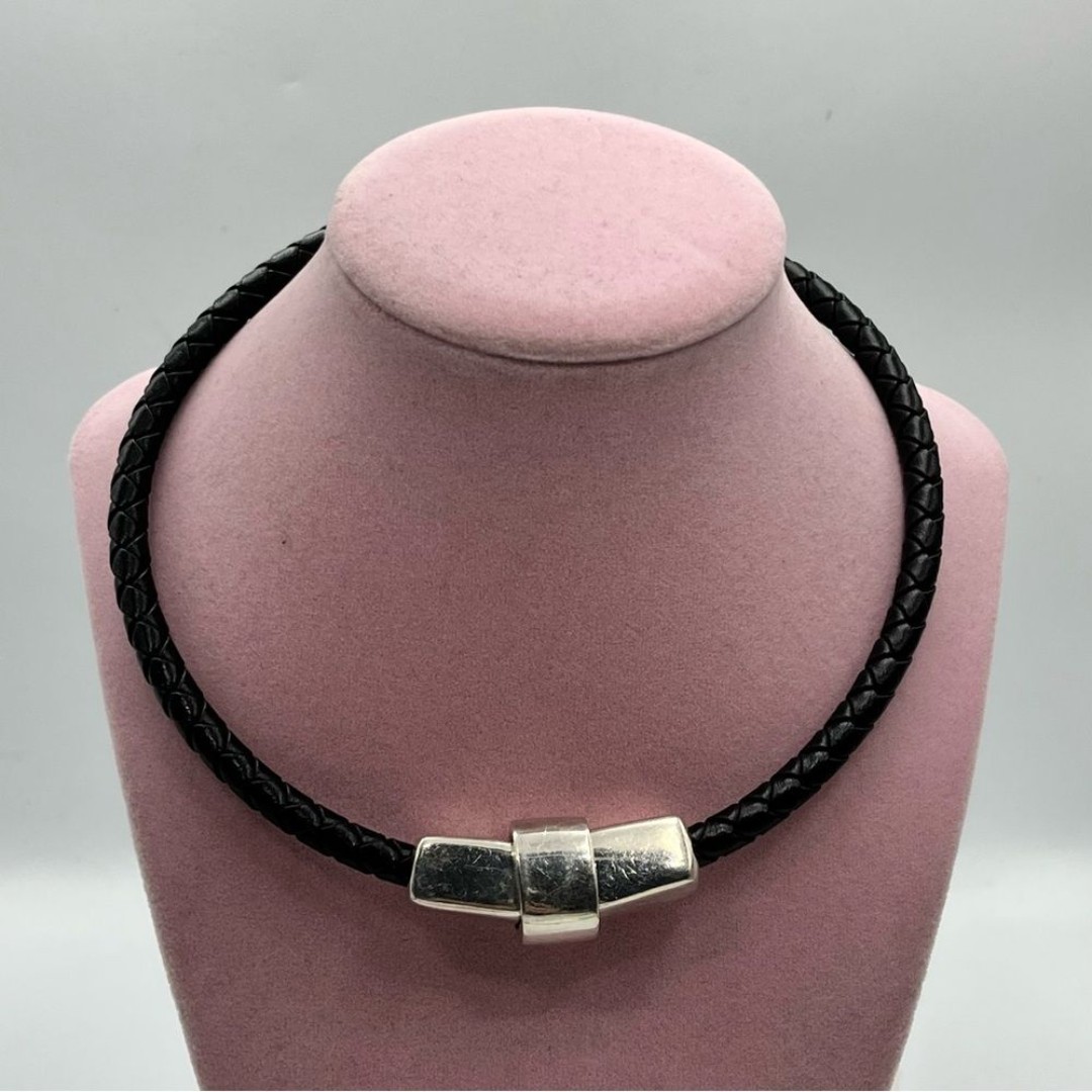 Woman’s black cord Black and Silver sterling silver Braided Leather Necklace