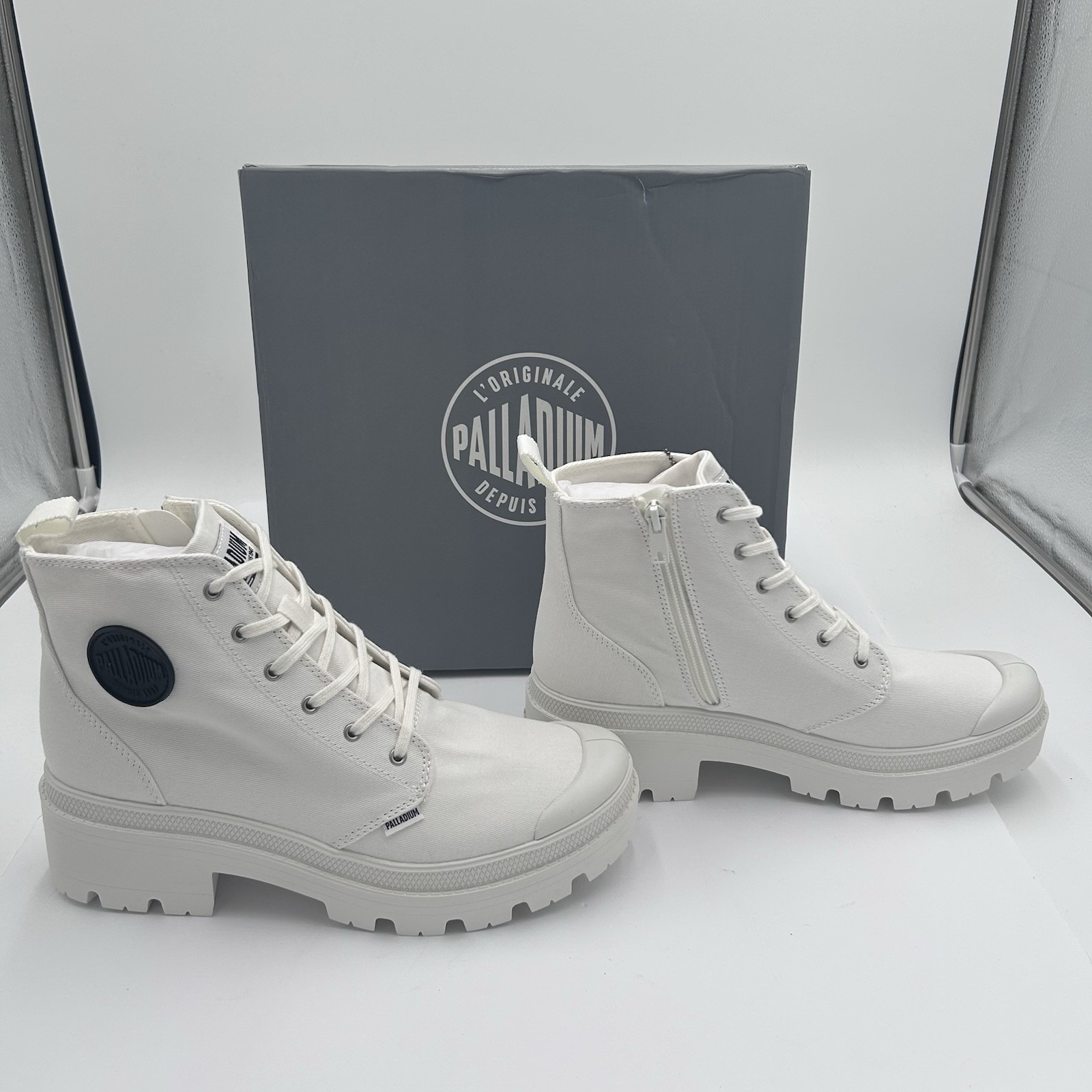 Palladium Pallabase Twill Women's Lace-Up Boots Sz US 10M Star White Block Heel