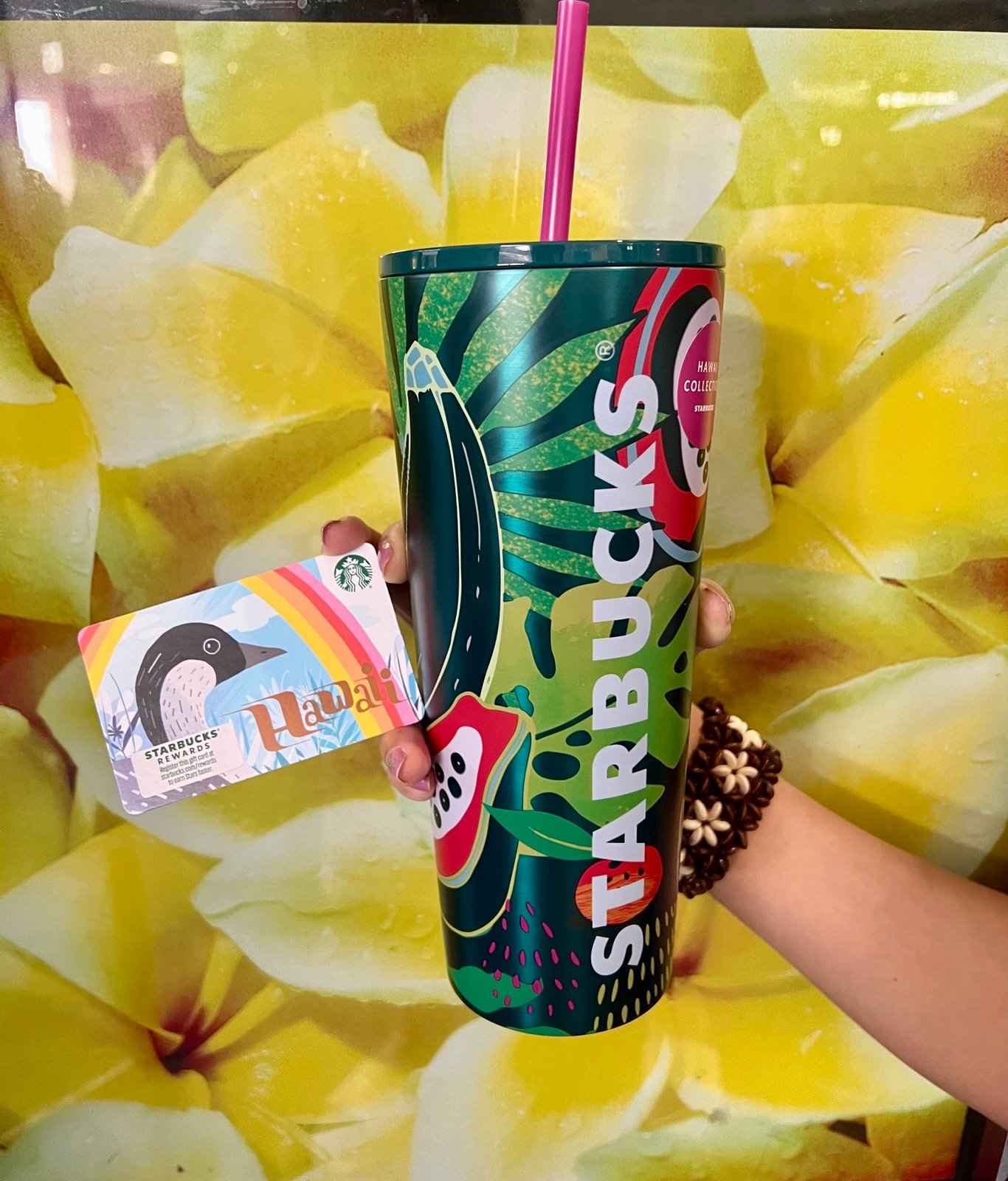 Starbucks Hawaii Collection Palm Leaf Tropical Fruit 24oz Stainless Tumbler NEW