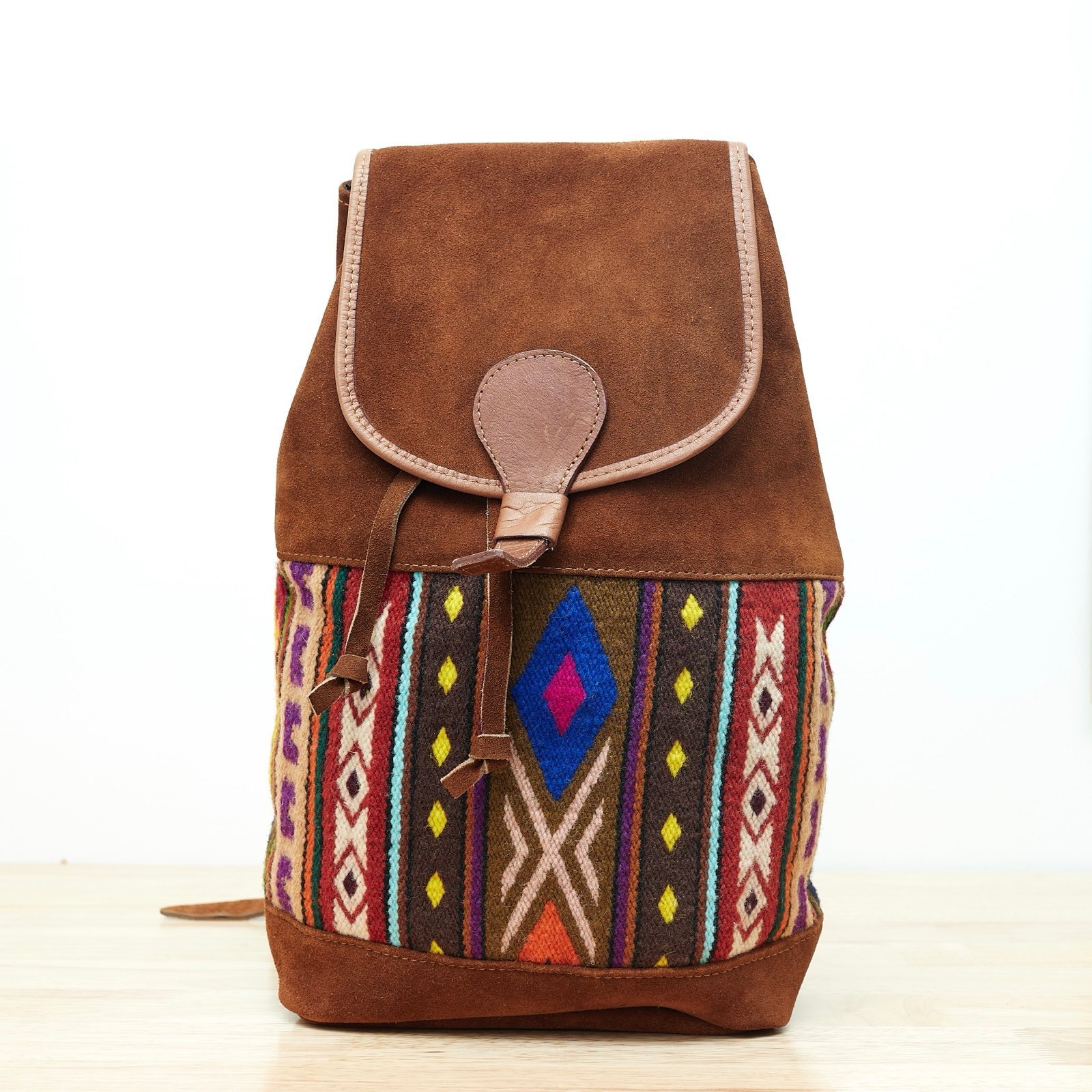 Boho Wool Textile + Suede Leather Backpack, Handcrafted Native Folk Art
