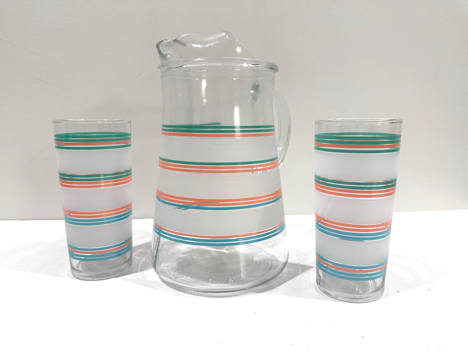 Vintage Libbey Glass Pitcher & Cups Tumblers Frosted Stripes Set Peach Teal Blue