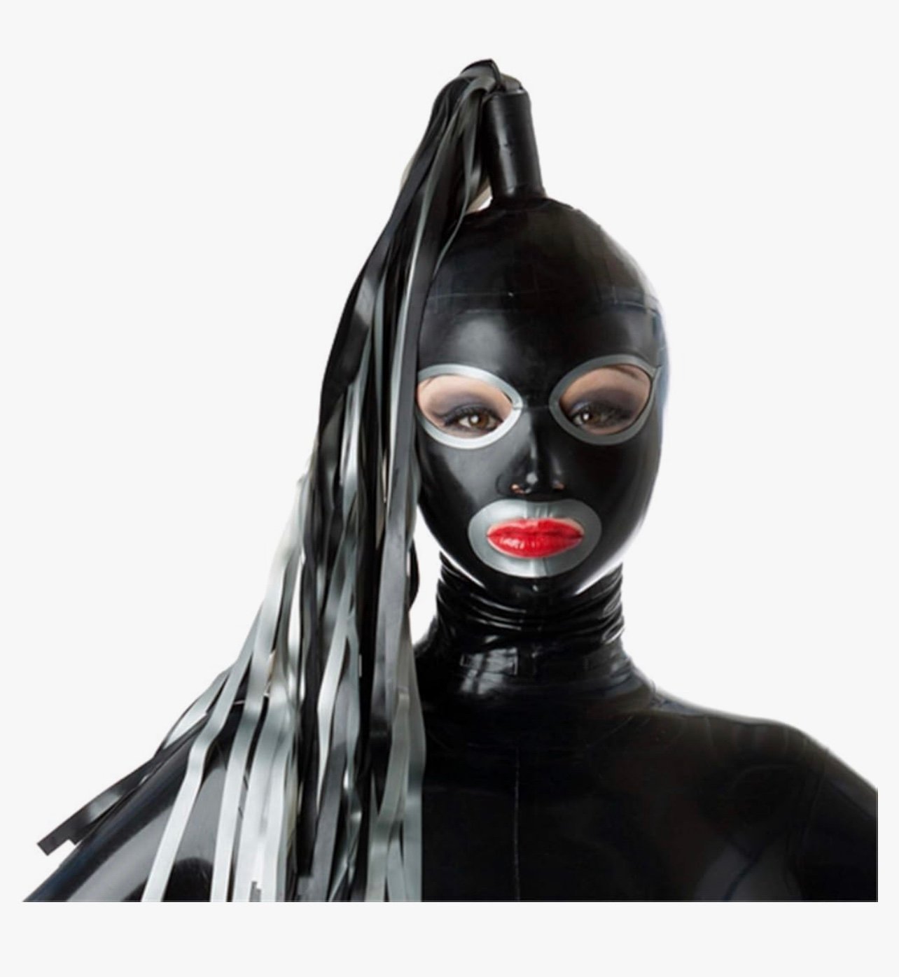 New- Black Latex Hood with Silver Brim with Latex Wig Back Zipper Rubber Mask Co