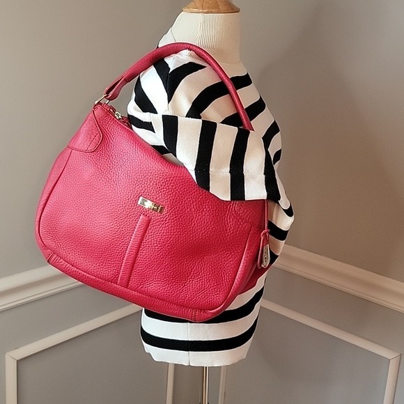 COLE HAAN Women's Red Pebbled Leather Single Handle Zip Preppy Hobo Shoulder Bag
