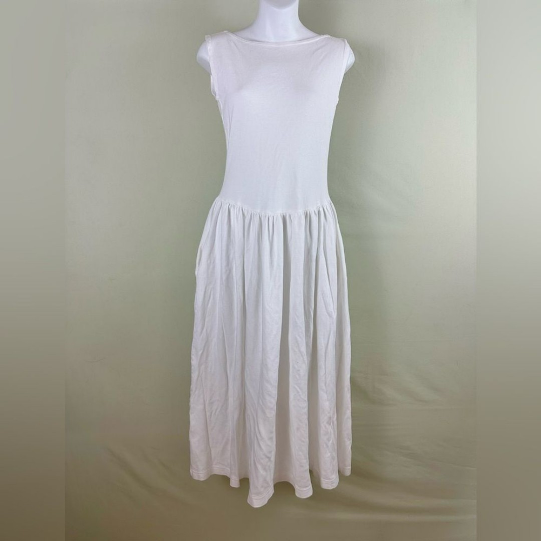 CP Shades White Minimalist Open Back Drop Waist High Neck Chic Midi Dress