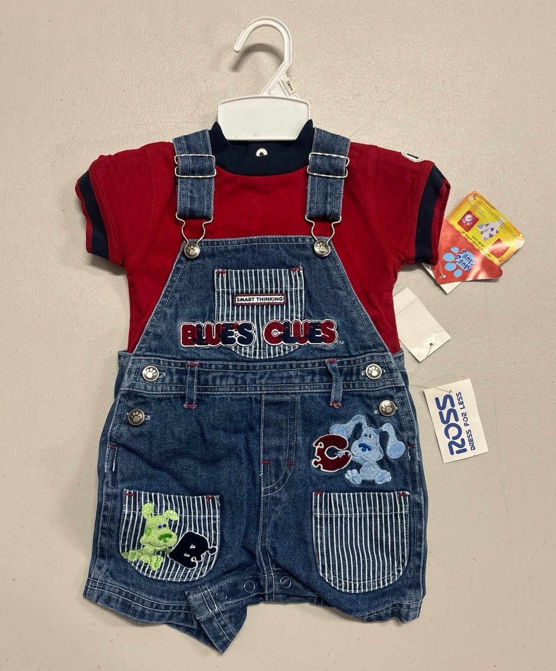 NWT-Vintage 2003 blue’s clues shortall overall romper set- embroidered- 12M