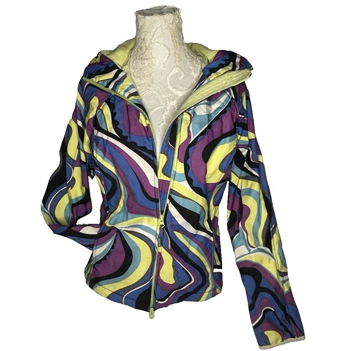 Athleta Jacket Womens M Purple Blue Yellow Swirl Graphic Zip Front Hooded Lined