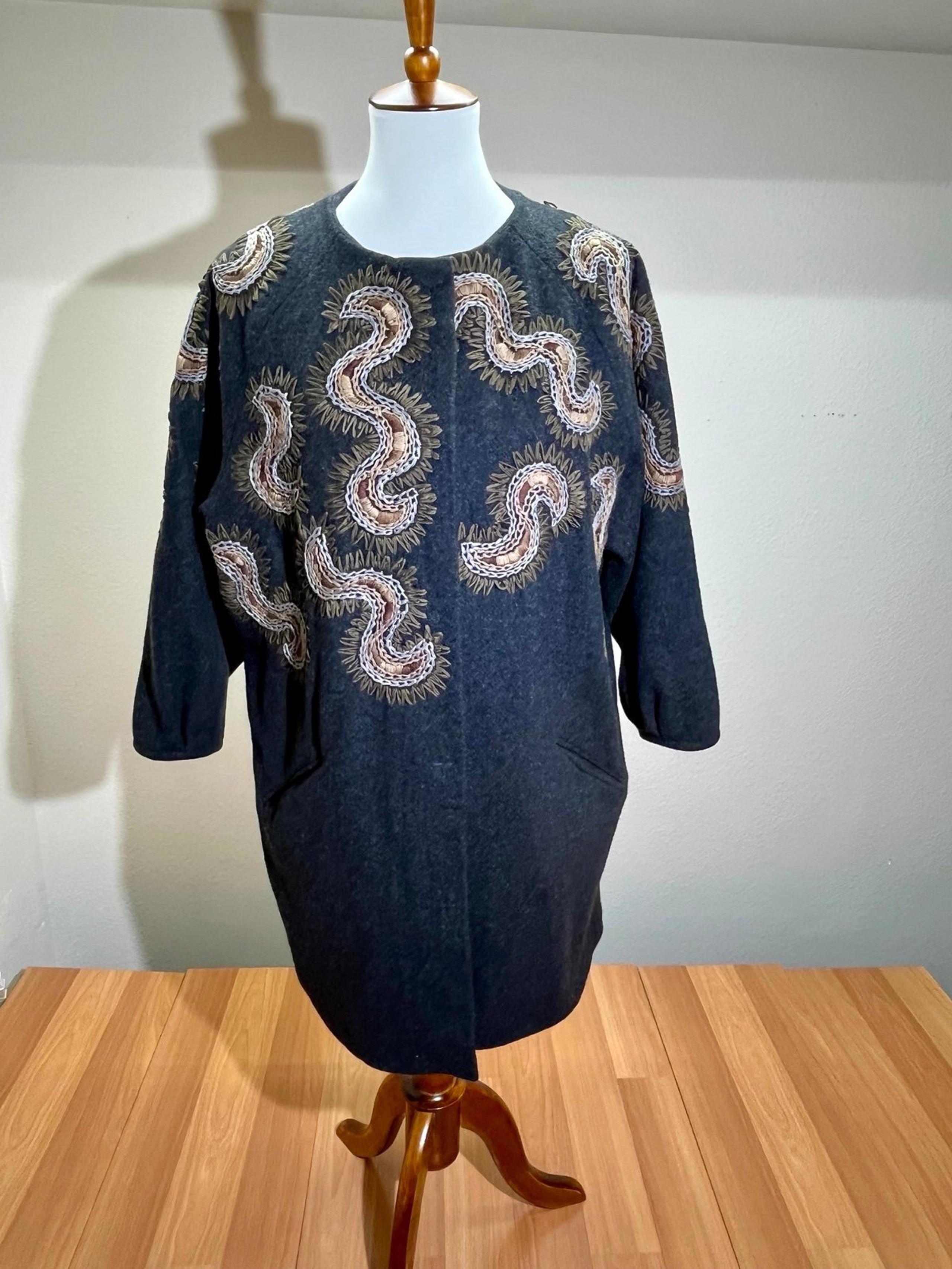 Anthropologie DAY Birger et Mikkelsen Gray Embroidered Wool Coat Jacket Sz 10