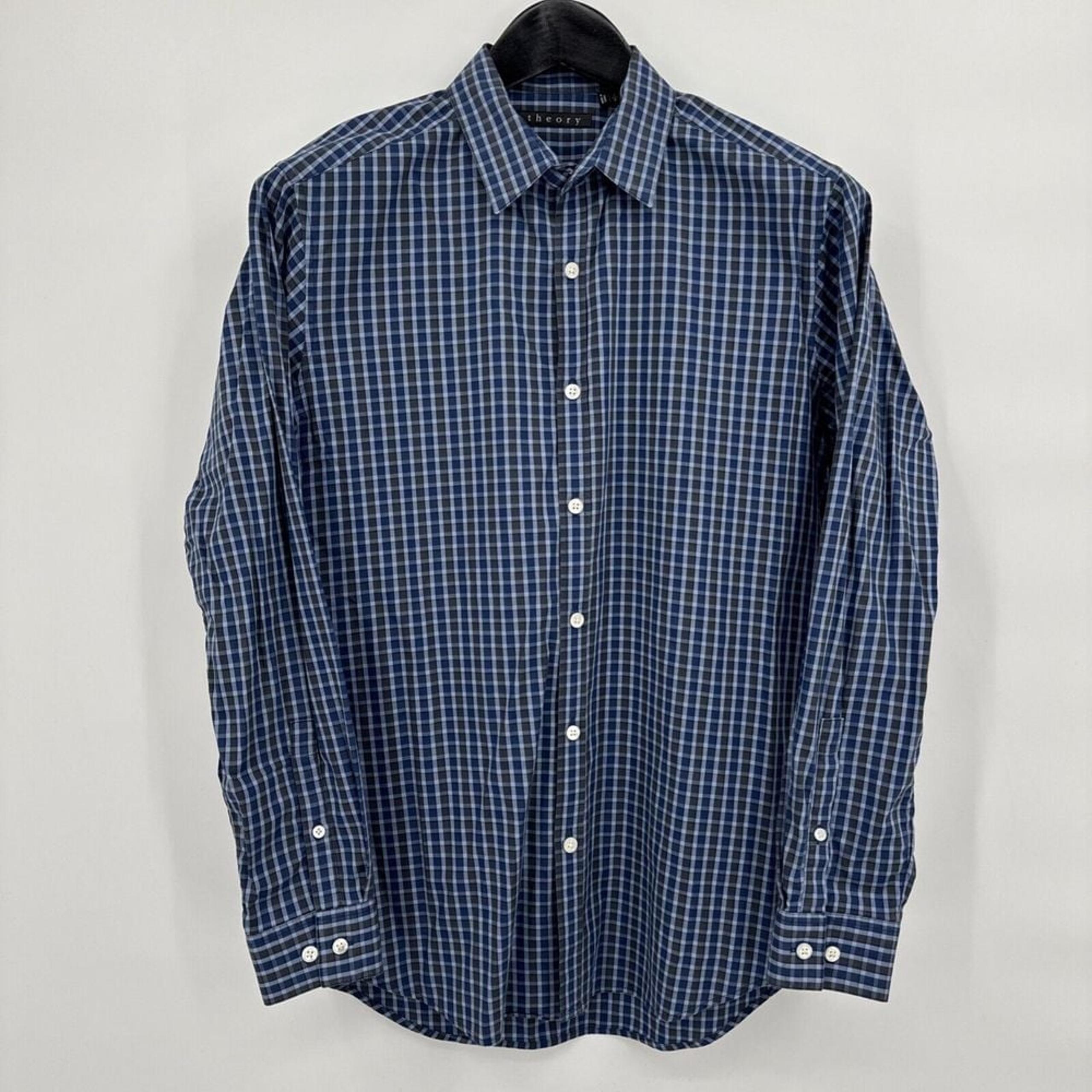 Theory Mens Zack PS Dress Shirt Size Small Long Sleeves Blue White Gingham Check