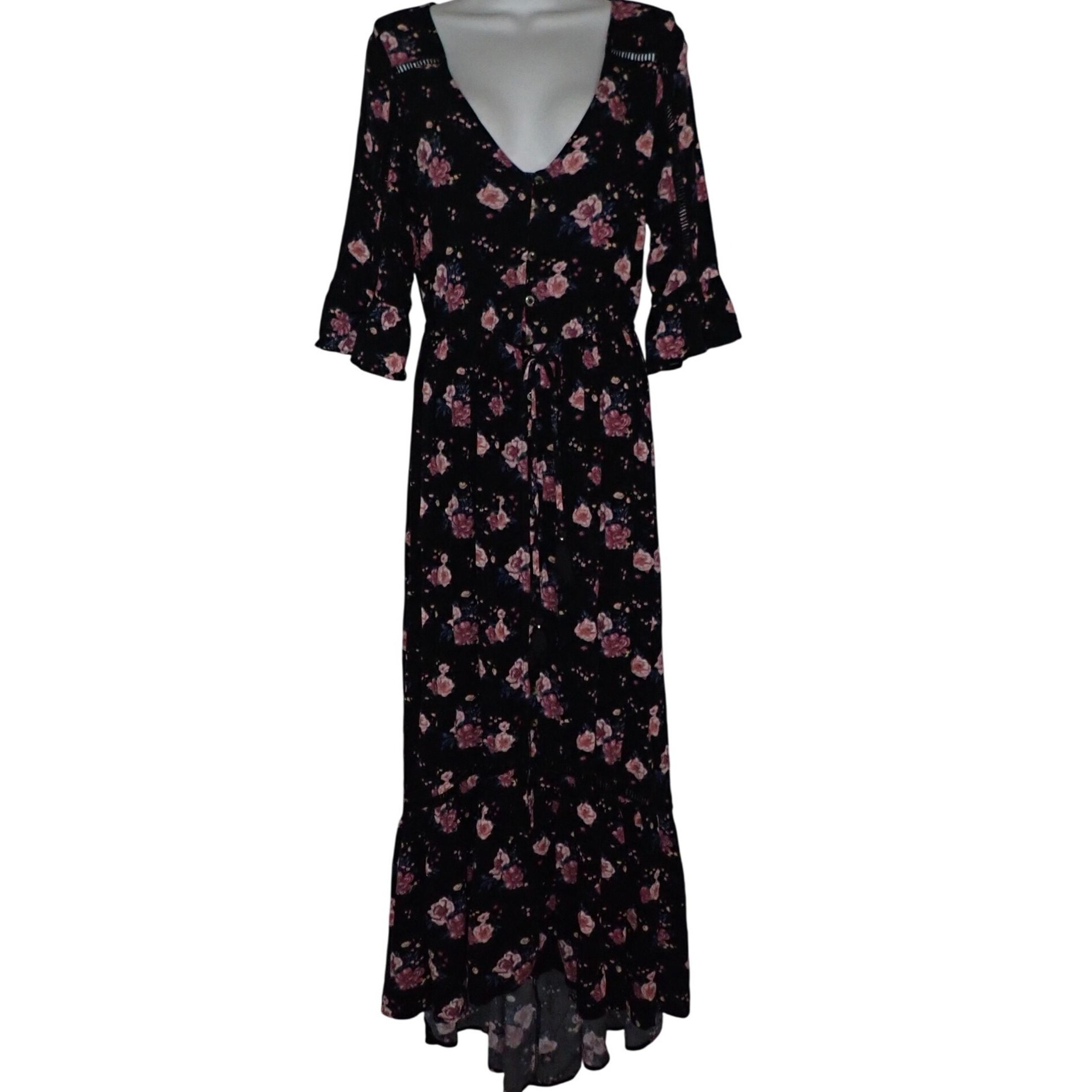 American Eagle Whimsigoth Dress S Black Floral Long Y2K Romance Asymmetrical