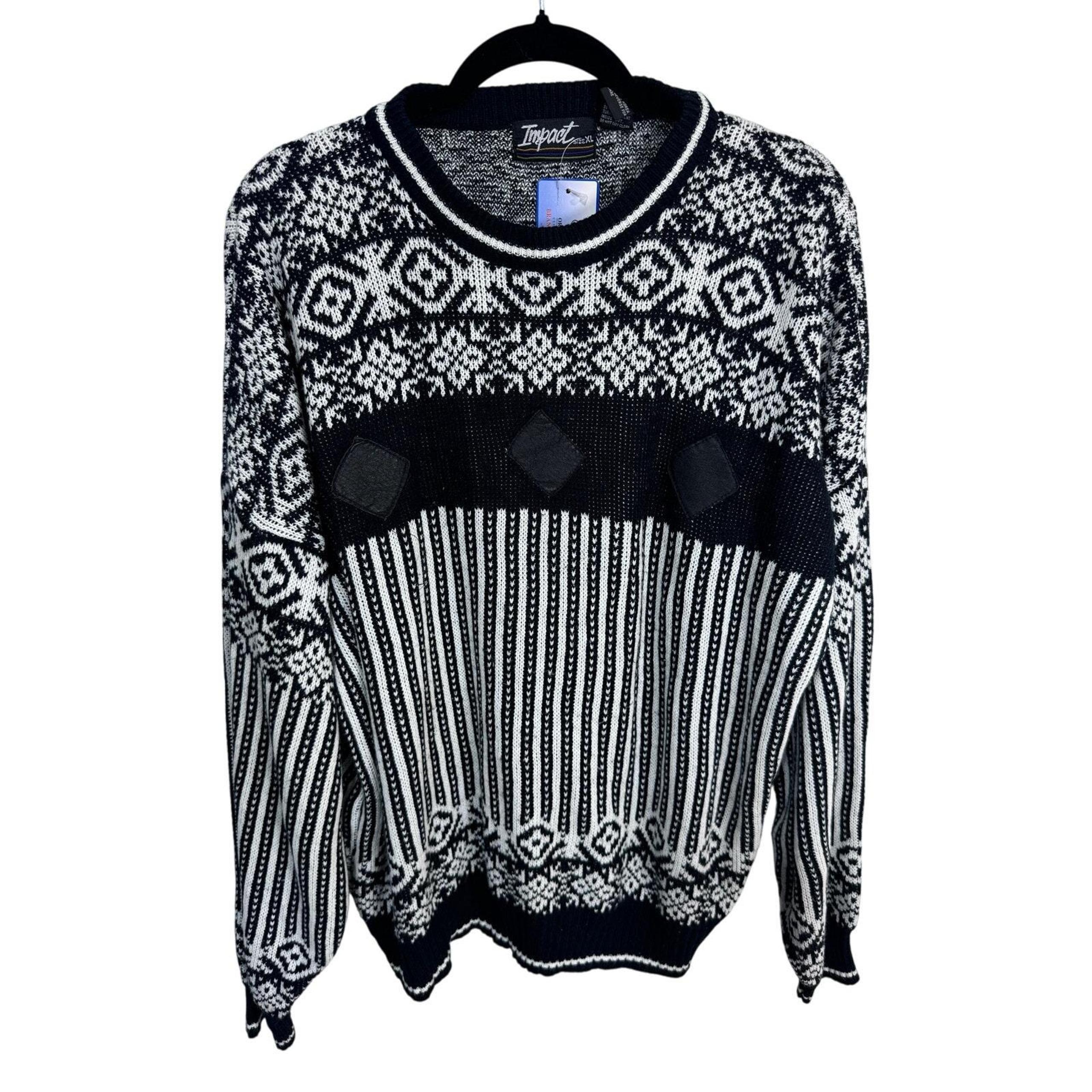 Vintage Impact Men's Black White Nordic Sweater Leather Trim Korea XL New