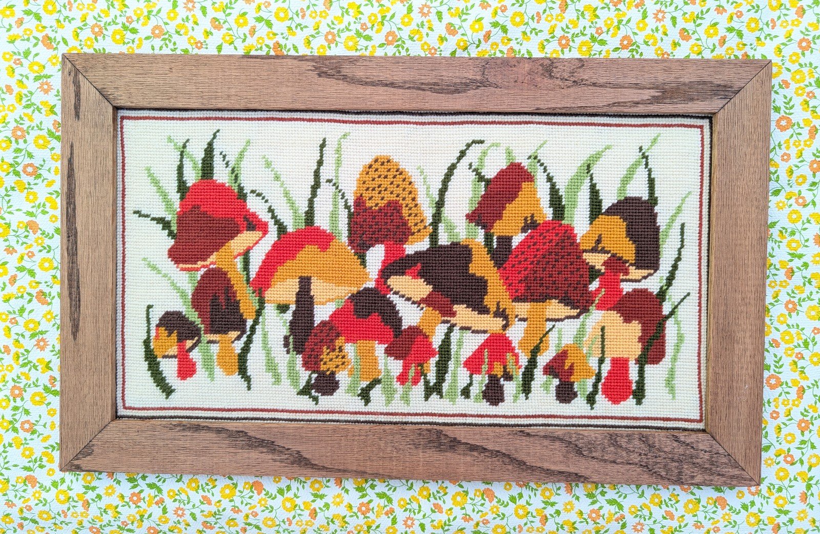 Vintage Mushroom Mushie Crewel Needlepoint Groovy Art 1960s 1970s