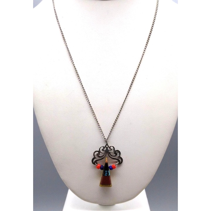 Vintage Stone Inlay Pendant with Jasper Base on Sterling Silver Filigree Openwor