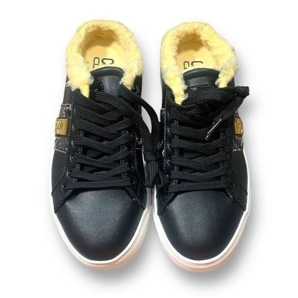 Cavalli Class Black Leather Faux Shearling Lined Mule Sneaker Gold Snakeskin