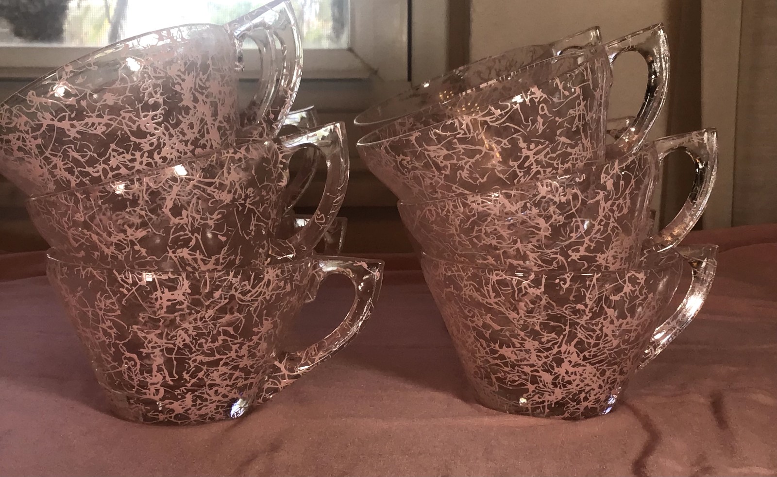 12 Vintage MCM Pink Spaghetti Drizzle Tea Cups