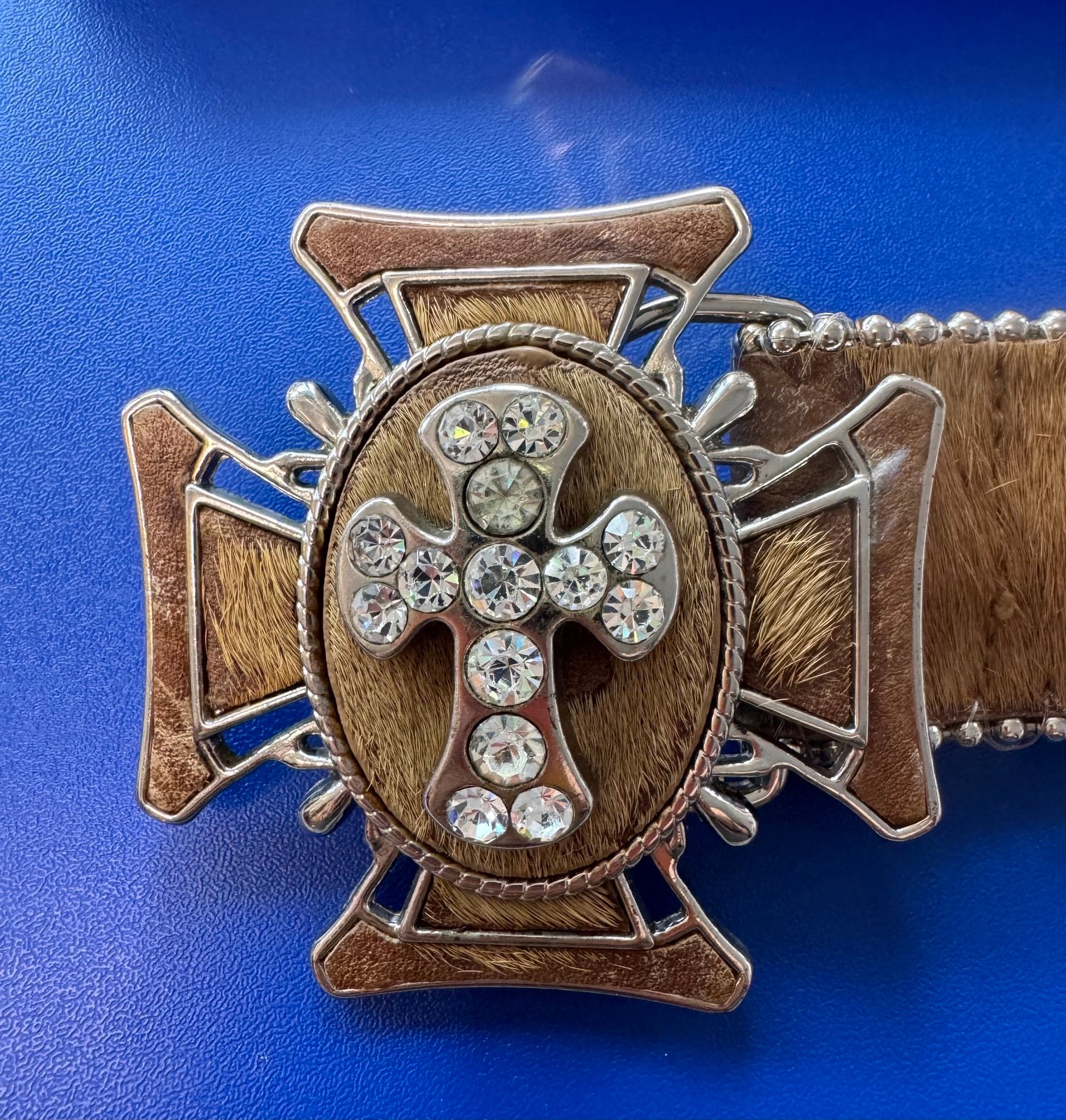 Wildfire Tan Fur Hide Leather Cross Belt 9701 Silver Beaded Edge Size 34-L
