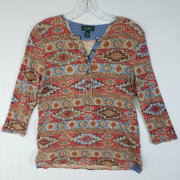 Vintage LRL Lauren Jeans Co Thermal Henley Boho Top Tapestry Print Western sz PL