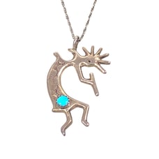 Kokopelli Pendant Necklace 29” Sterling Silver 925 Turquoise Southwestern VTG
