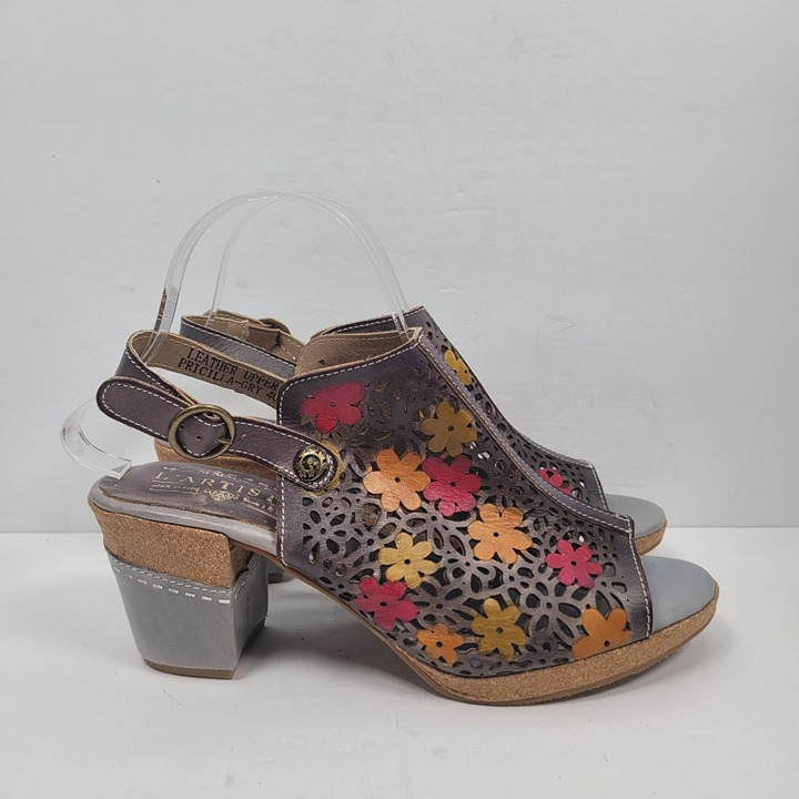 L'Artiste Spring Step Floral Cut-Out Leather Heeled Sandals US Size 9 EU 40