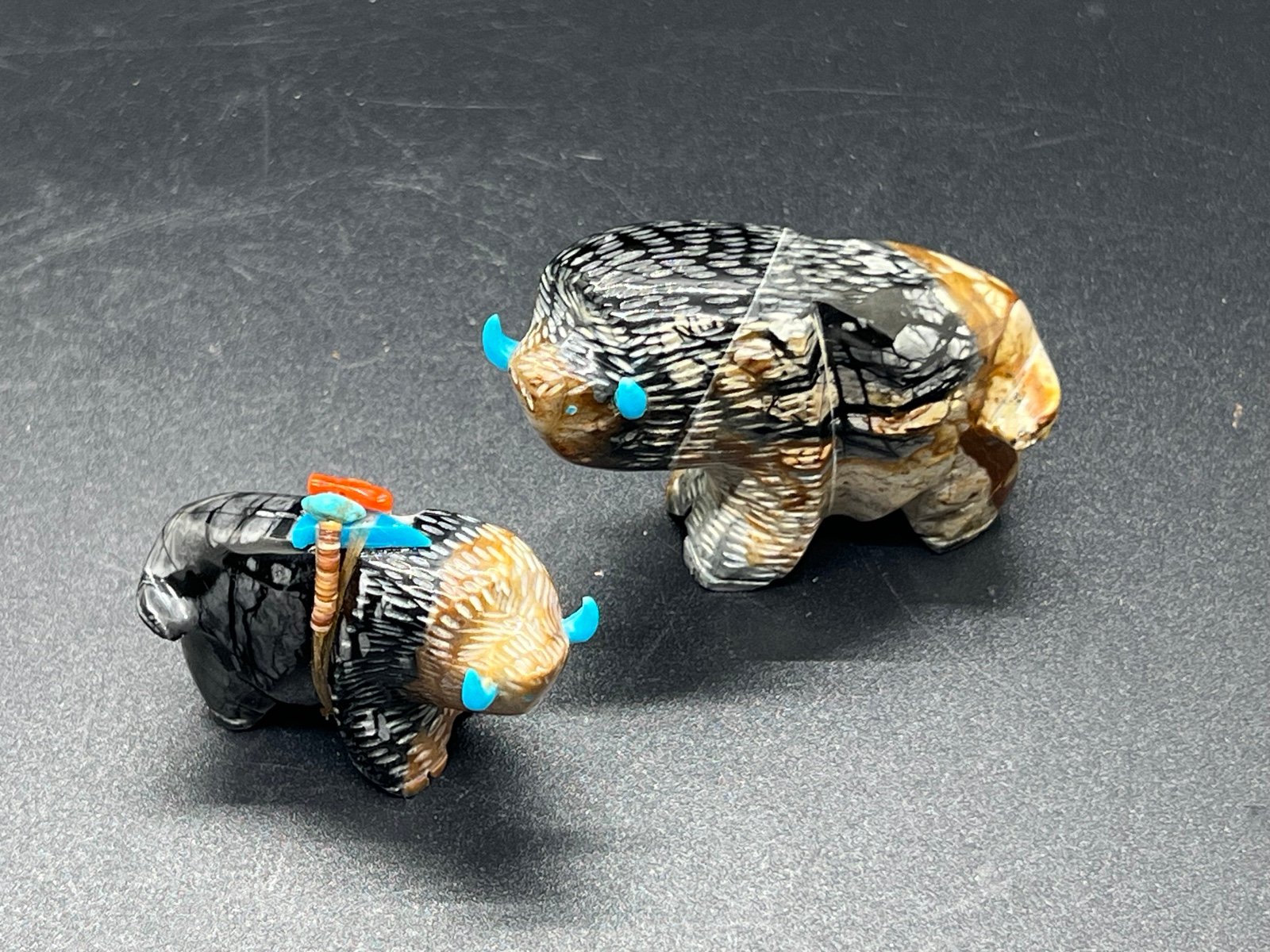 Pair Of Joseph Begay Stone Inlay Zuni Bison Fetish Figurine Native American Art