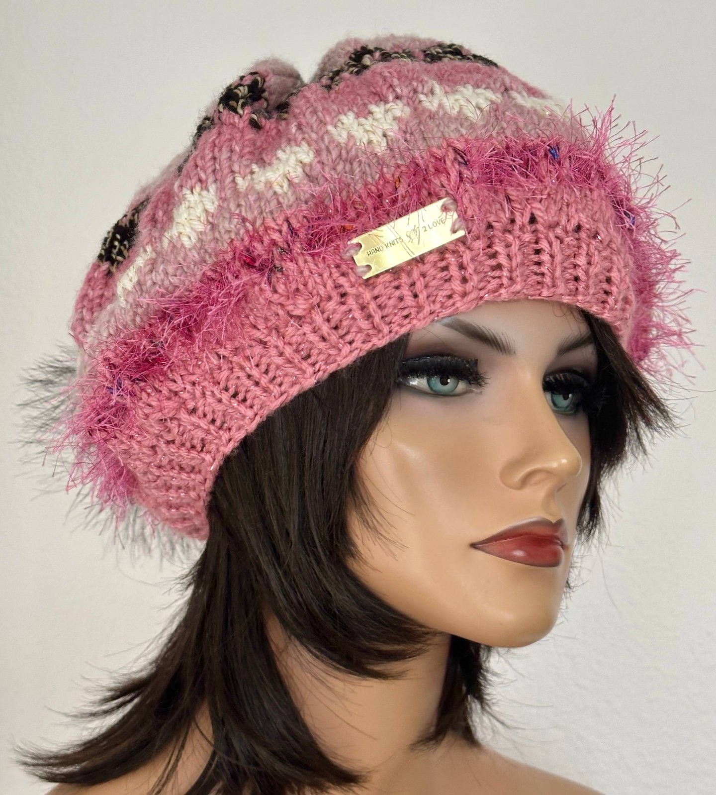 Hand Knits 2 Love Slouch Beanie Hat Fairisle Hearts Faux Fur Pom Pom Designer
