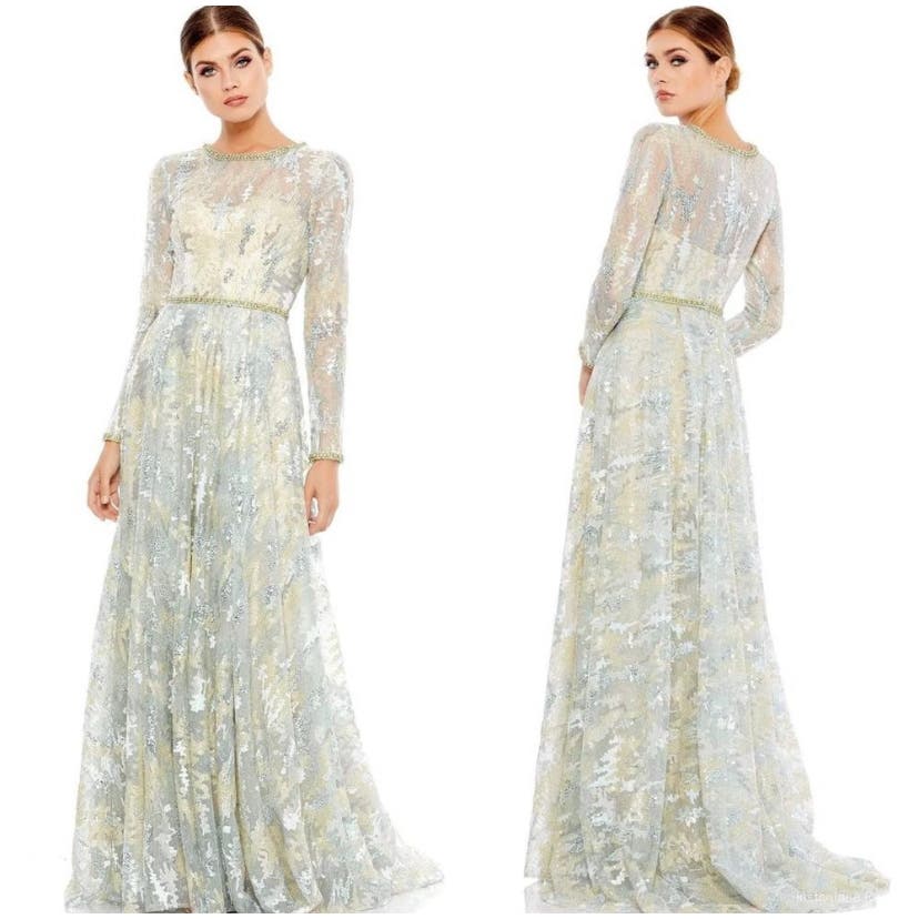 Mac Duggal 12460 Jewel Neckline Lace Long Sleeve Dress 12 Platinum