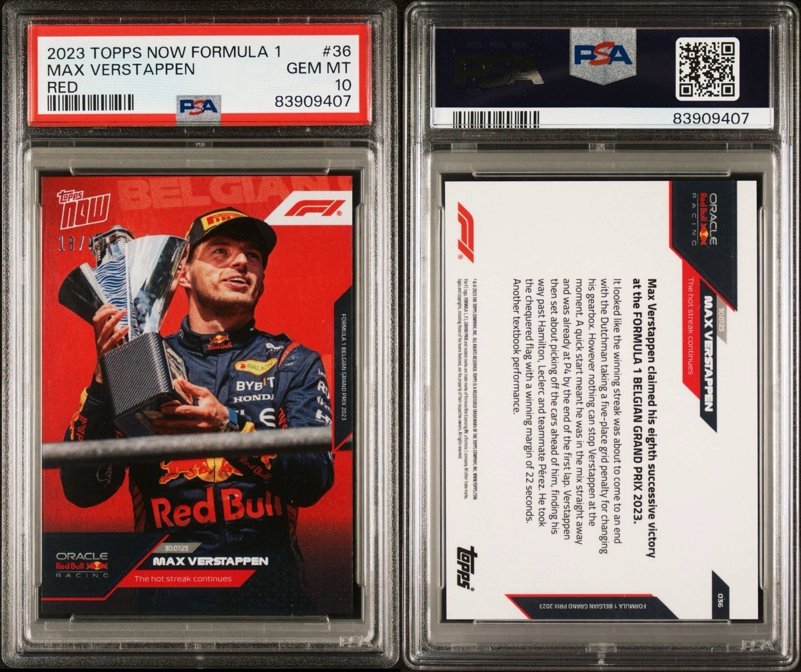 2023 Topps Now Formula 1 MAX VERSTAPPEN #36 - RED 18/99 - PSA-10 Redbull Racing