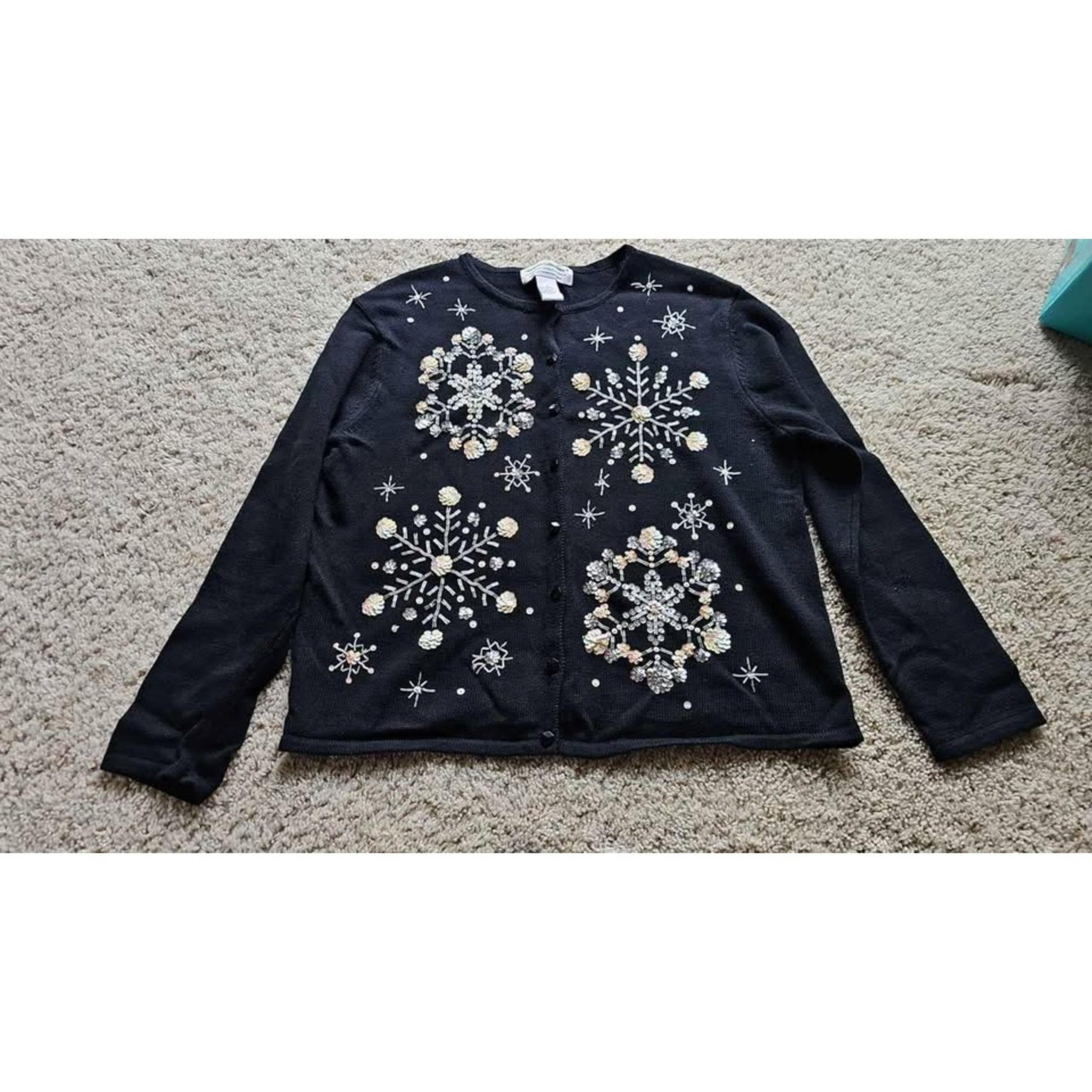 Vintage Black Beaded Sequins Button Cardigan Heirloom Collectibles Sweater Large