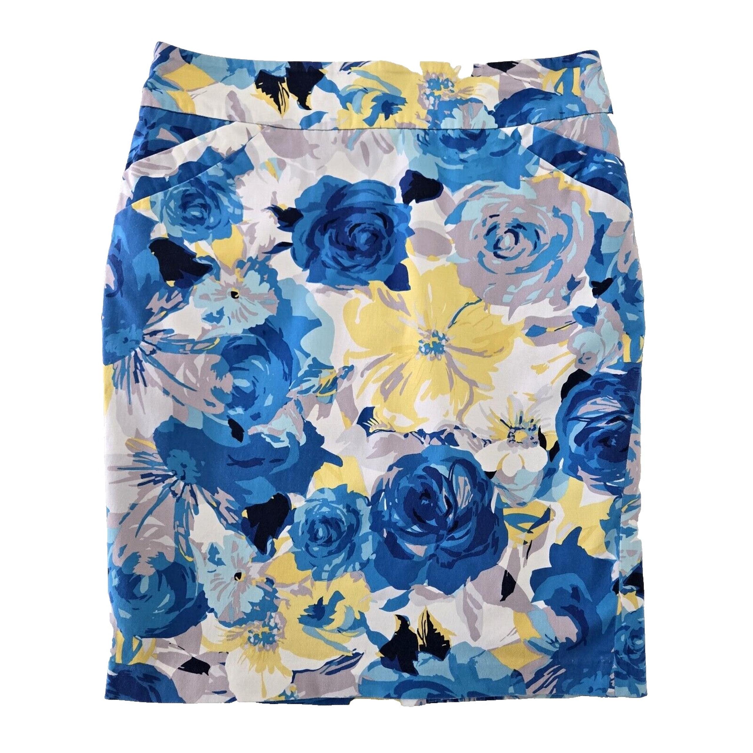 Charter Club Skirt Womens 10 Blue Yellow Floral Preppy Career Casual Twee Spring