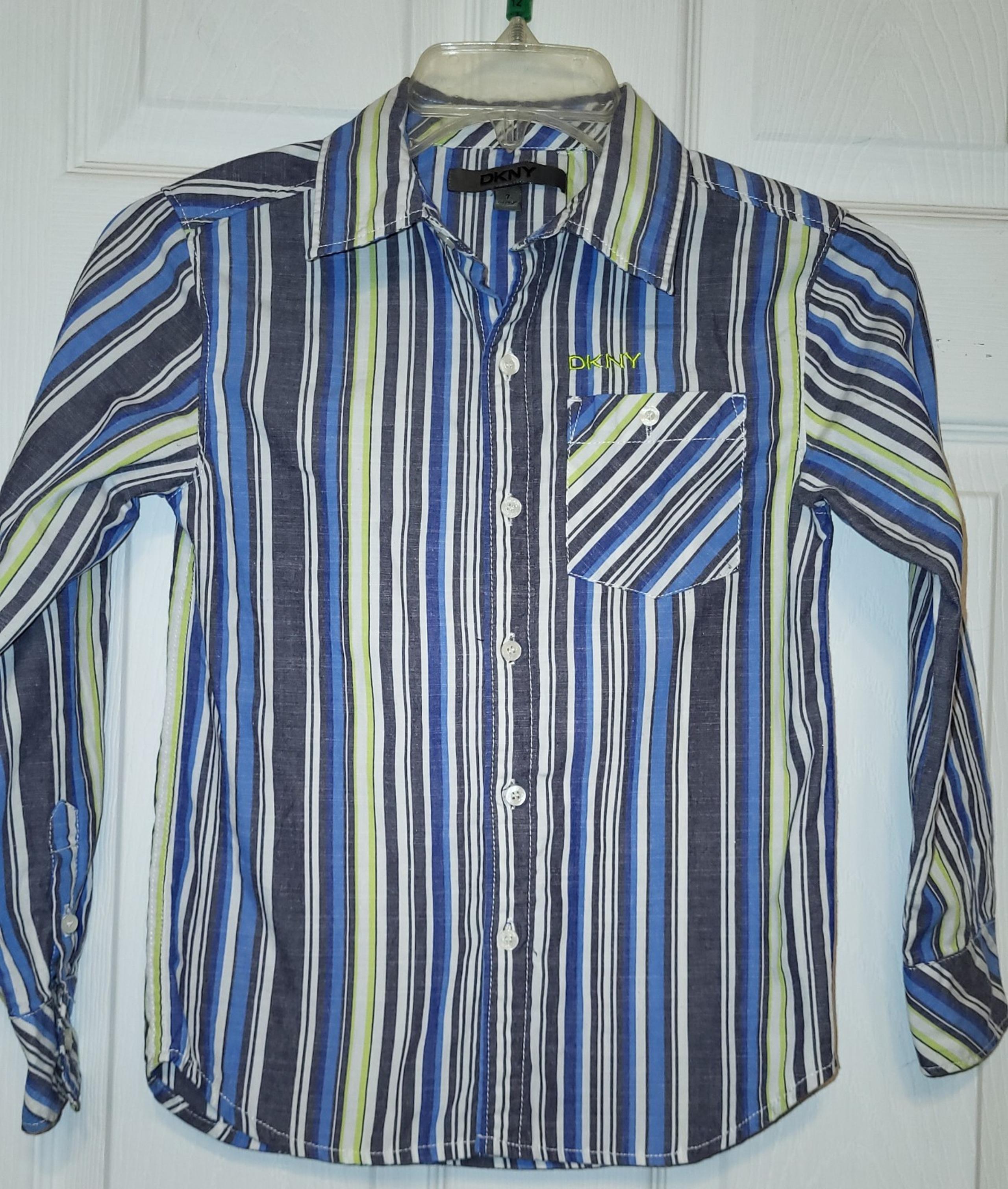 DKNY Long Sleeved Button Up Shirt Blue Gray White Stripes Boys 7 Pre-owned